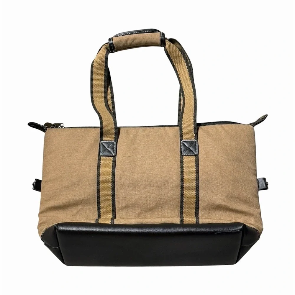 Eddie Bauer Weekender Duffel Bag Tan Canvas Black Base Front Zip Pocket